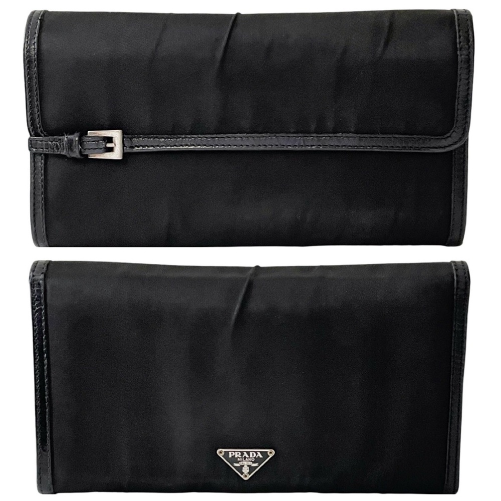 Prada black Tessuto nylon and leather buckle triangle logo long wallet